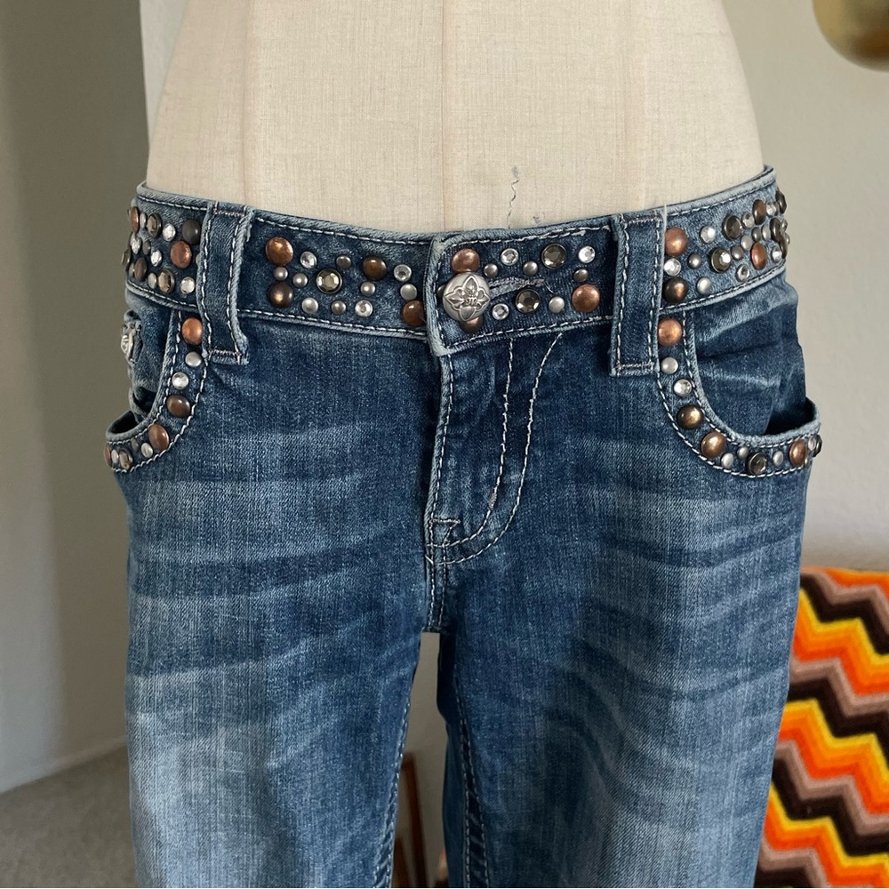 SOLD Y2K Miss Me Cowgirl Biker Studded Rhinestone Low Rise Boot Cut Jeans - Picture 5 of 12